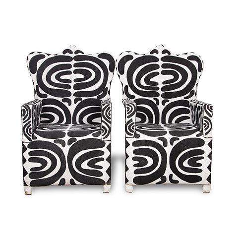 Yoruba Beaded Arm Chair Set of 2 | Black & White Crown Tip High Back-0