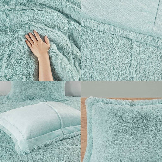 King/CAL King Soft Sherpa Faux Fur 3-Piece Comforter Set in Light Teal Blue-0