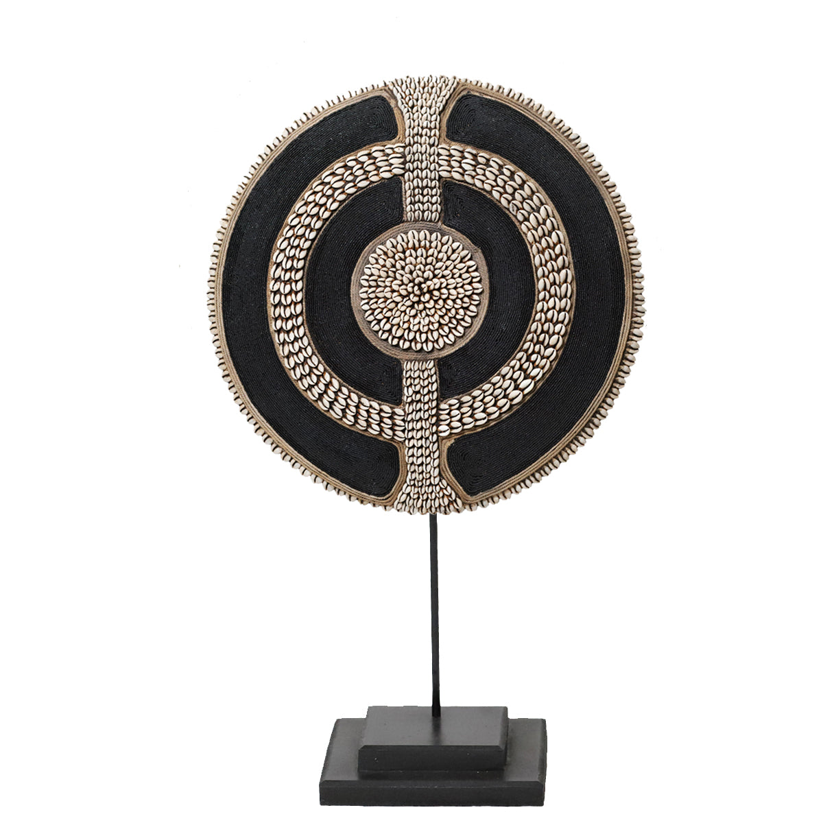 Beaded Cameroon Shield with Cowrie Shells Black on stand | Hand carved in Cameroon-1