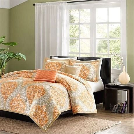 Twin size 4-Piece Orange White Damask Print Comforter Set-0