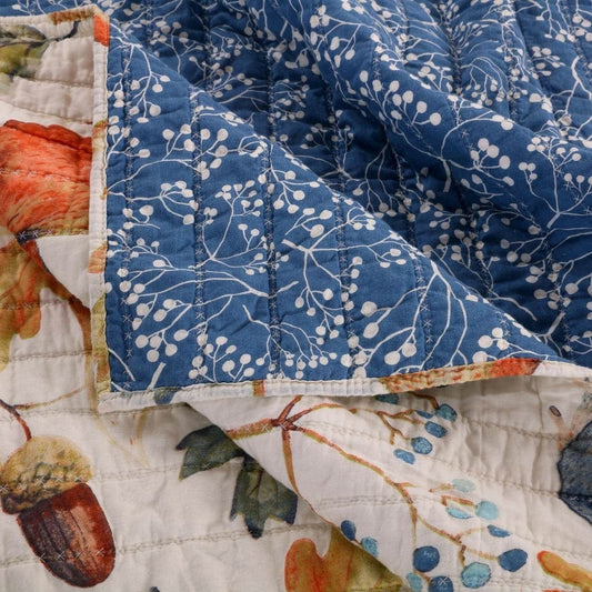 Twin 2-Piece Blue Beige Birds Animals Floral Reversible Quilt Set-0