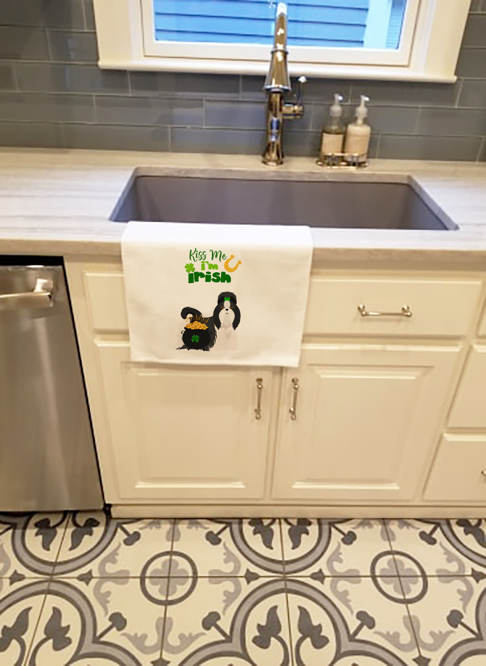 Black and White Shih Tzu St. Patrick's Day Kitchen Towel Set of 2-1