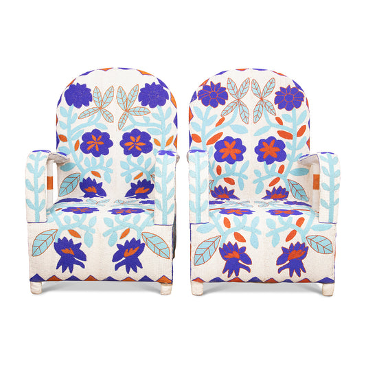 Yoruba Beaded Arm Chair Set of 2 | Blue Flowers-0
