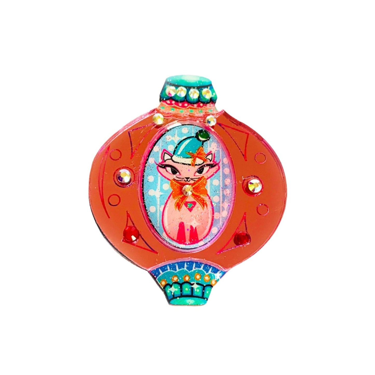 Retro Cat Christmas Bauble Brooch by Rosie Rose Parker-0