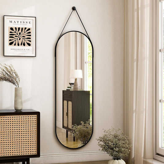 16"X48" Oval Hanging Mirror with Leather Strap Full Length Mirror Aluminum Frame Wall-Mounted Hanging Mirrors for Bathroom Vanity Living Room Bedroom Entryway Decor-1