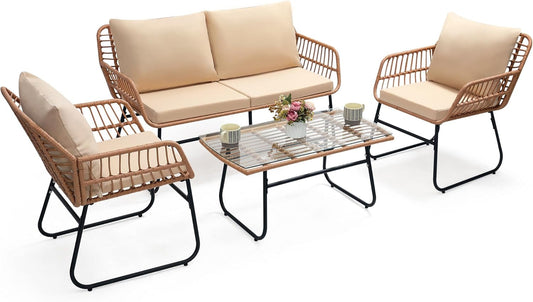 Four Piece Outdoor Wicker Sofa Rattan Chairs Set-0