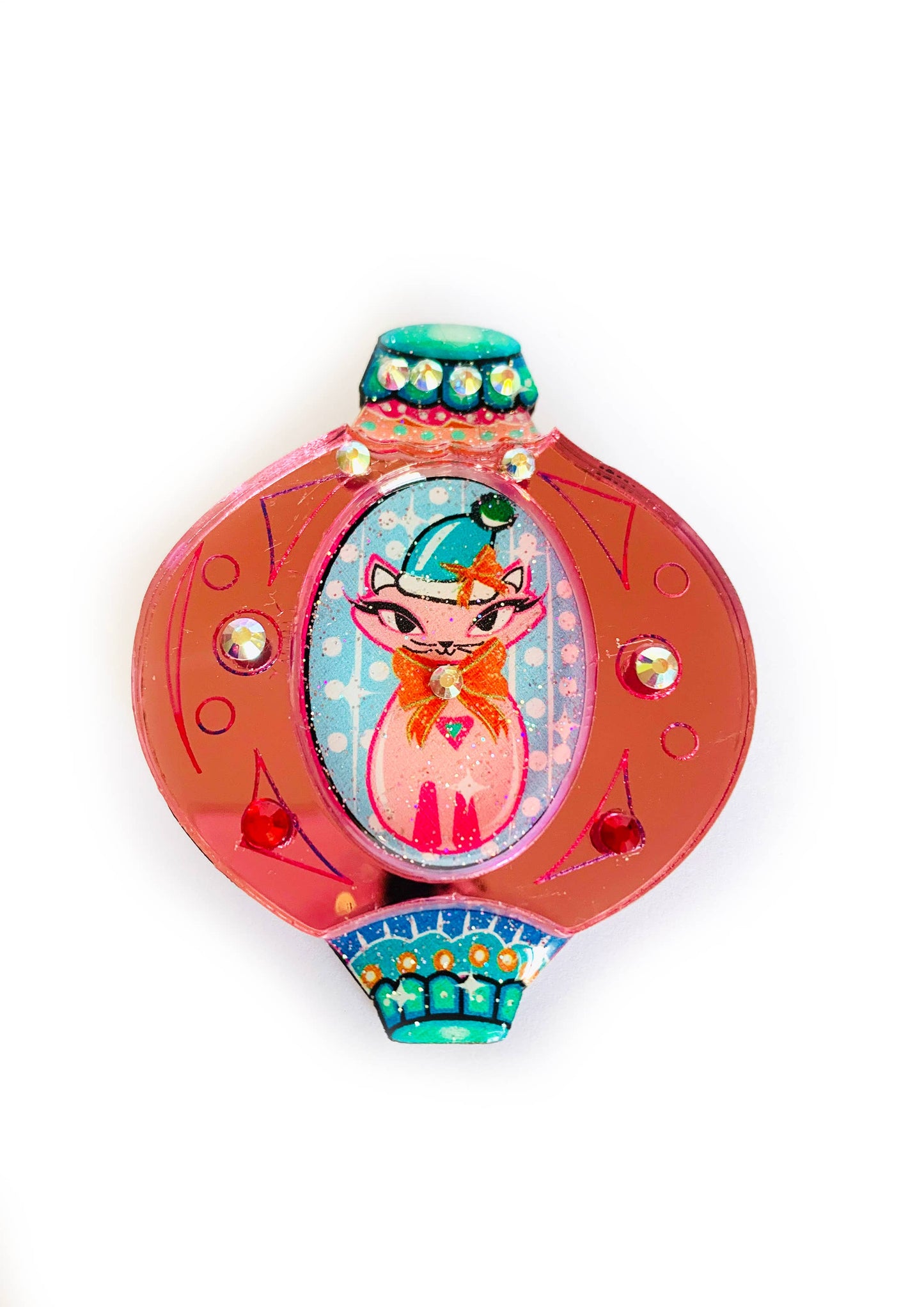 Retro Cat Christmas Bauble Brooch by Rosie Rose Parker-1
