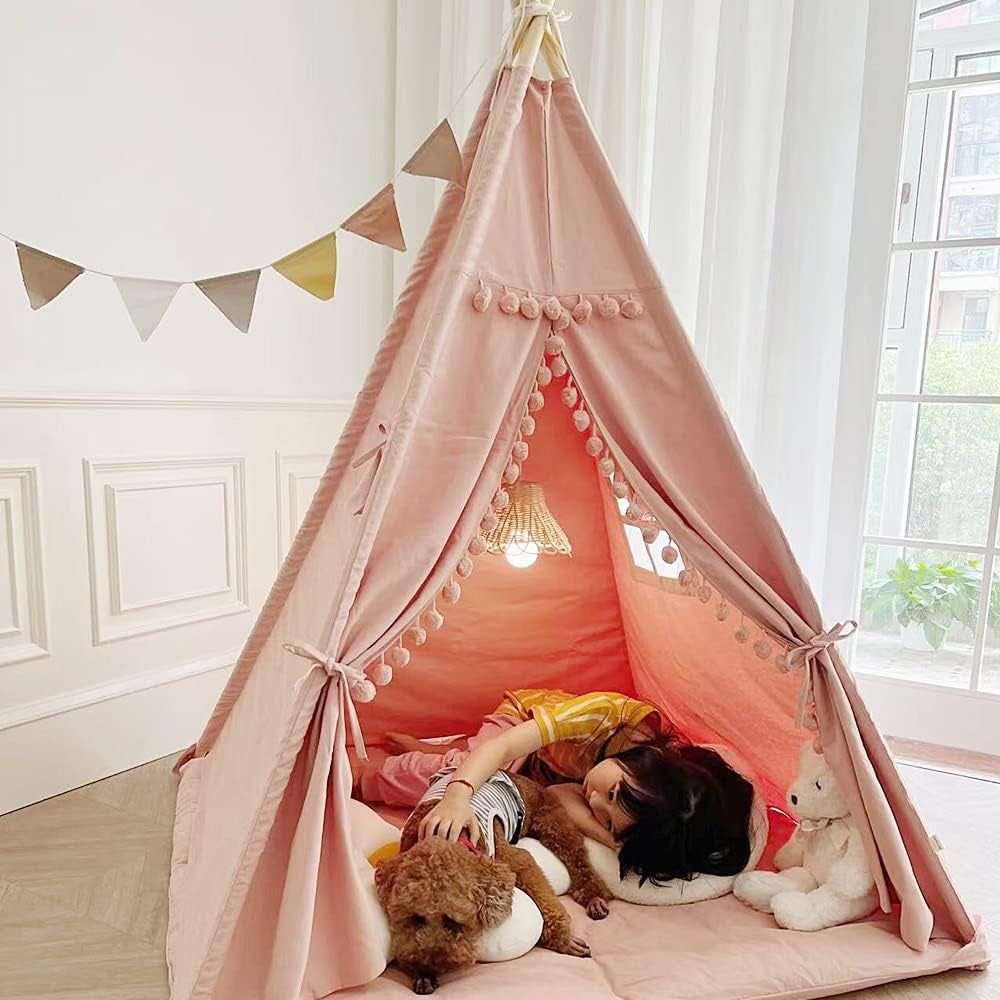 Kids Teepee Tent with Mat Foldable Indoor Outdoor-2