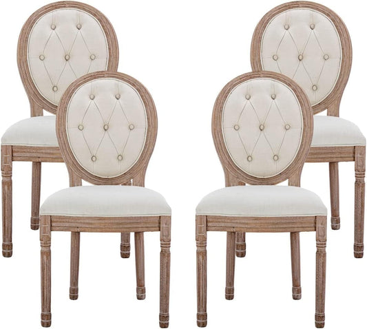 French Country Set of 4, Farmhouse Dining Chairs with round Button Back, Solid Wood Legs, French Dining Chairs for Kitchen/Bedroom/Dining Room-0