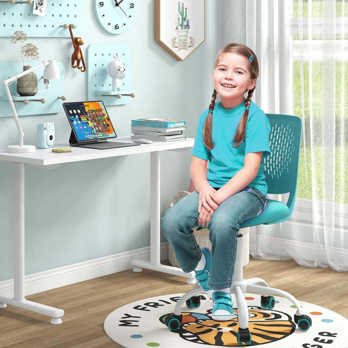 Kids Desk Chair, Adjustable Children Study Chair, Swivel Chair Armless Mesh Task Student Chair, Child Desk Chair with Adjustable Height & Lumbar Support Computer Chair, Turquoise-1