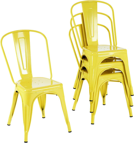 Metal Dining Chair Farmhouse Tolix Style for Kitchen Dining Room Café Restaurant Bistro Patio, 18 Inch, Stackable, Waterproof Indoor/Outdoor (Sets of 4) (Steel Seat, Yellow)-0
