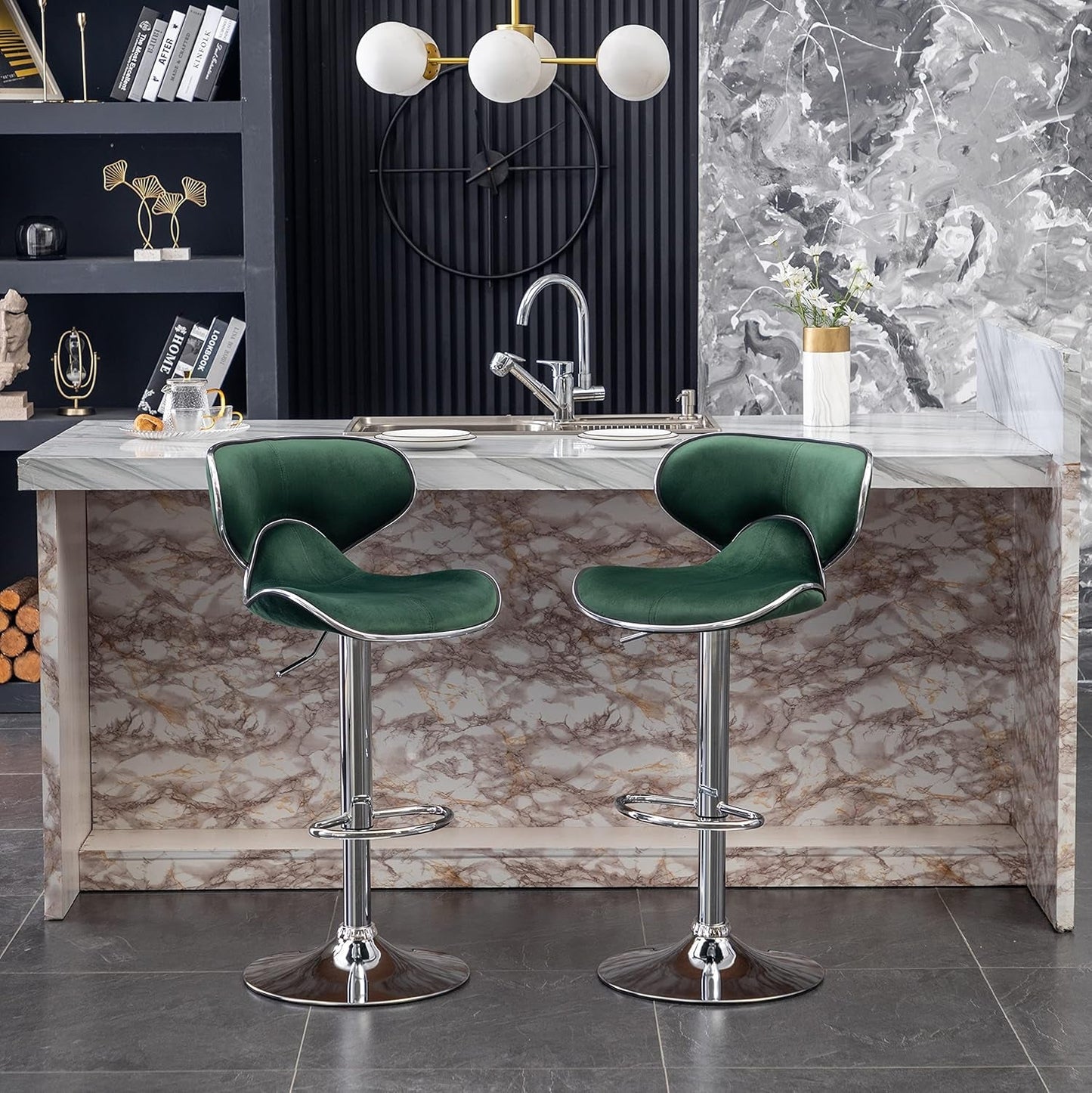 Masaccio Velvet Upholstered Adjustable Swivel Barstool, Set of 2, Green-2