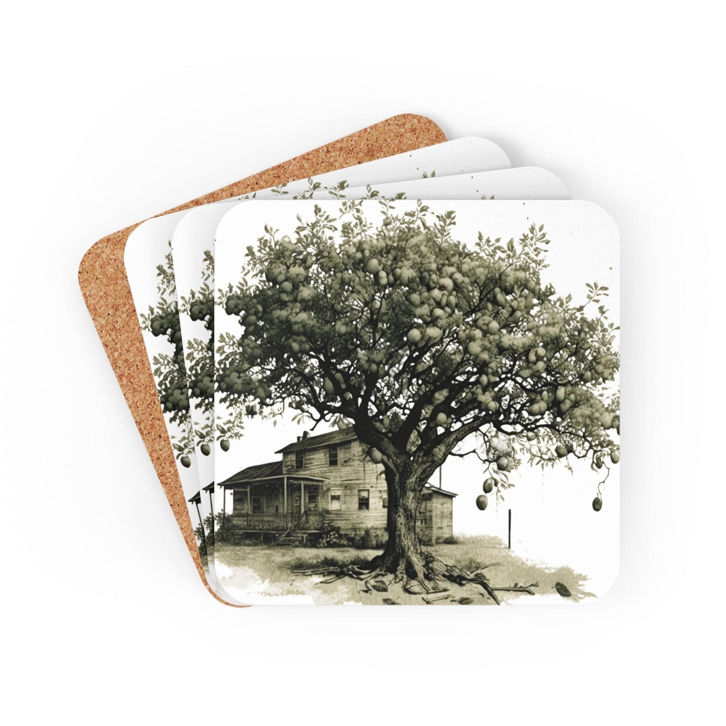 Coaster Set of 4 for Drinks Rustic Apple Tree Farmhouse Vintage Sketch Illustration Green Hue-0