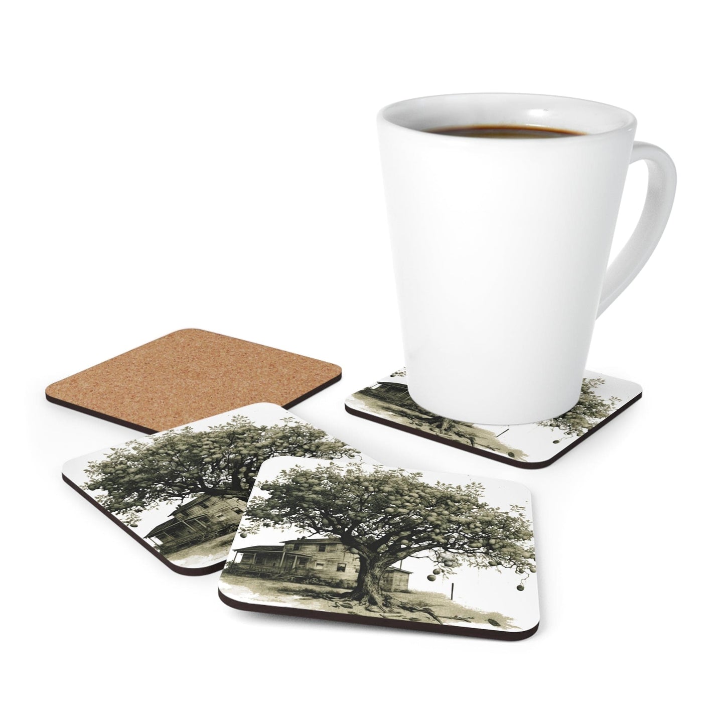 Coaster Set of 4 for Drinks Rustic Apple Tree Farmhouse Vintage Sketch Illustration Green Hue-4