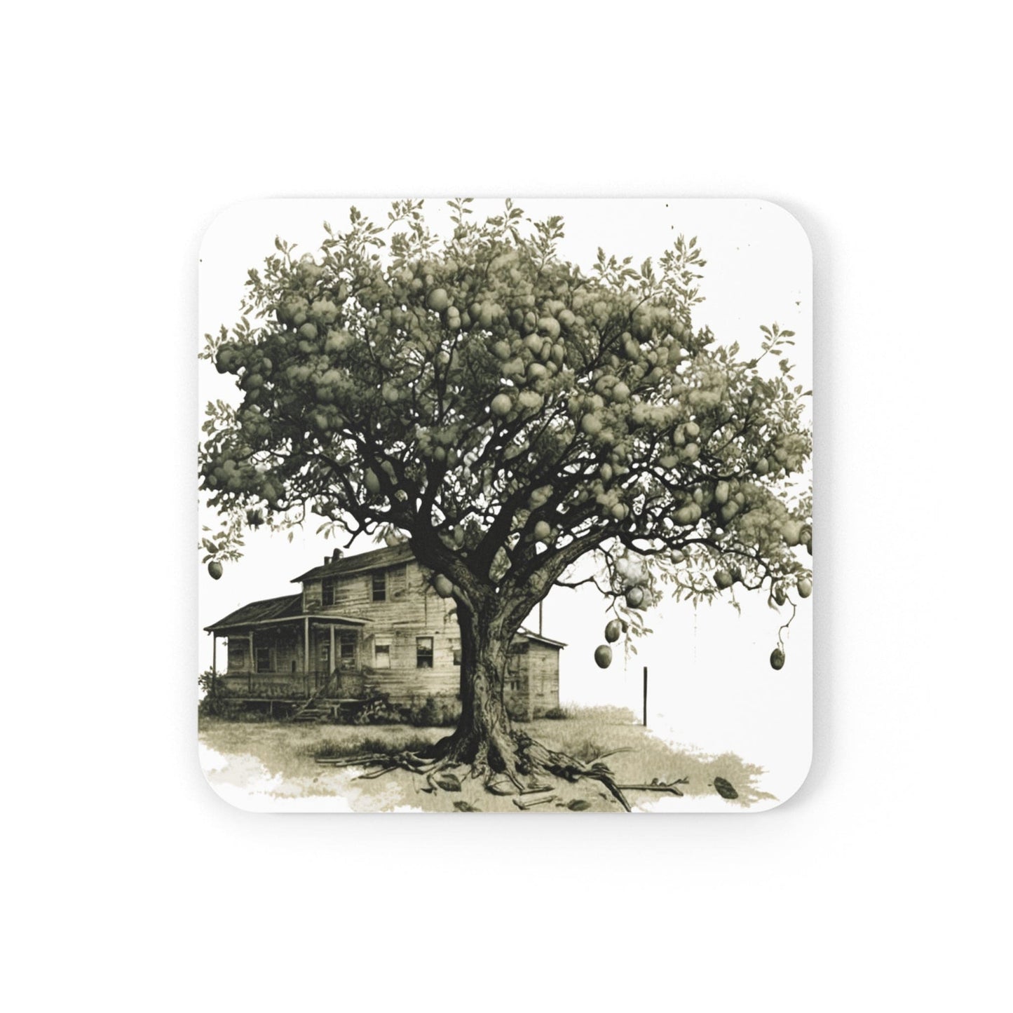 Coaster Set of 4 for Drinks Rustic Apple Tree Farmhouse Vintage Sketch Illustration Green Hue-1