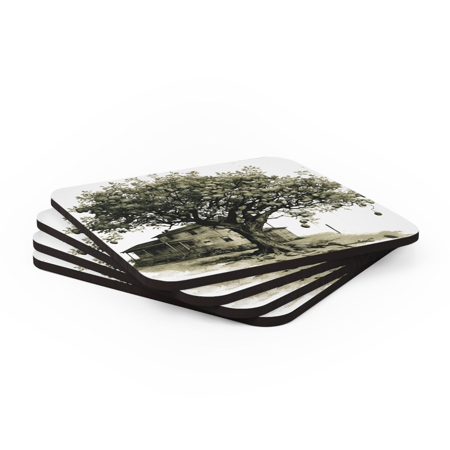 Coaster Set of 4 for Drinks Rustic Apple Tree Farmhouse Vintage Sketch Illustration Green Hue-3