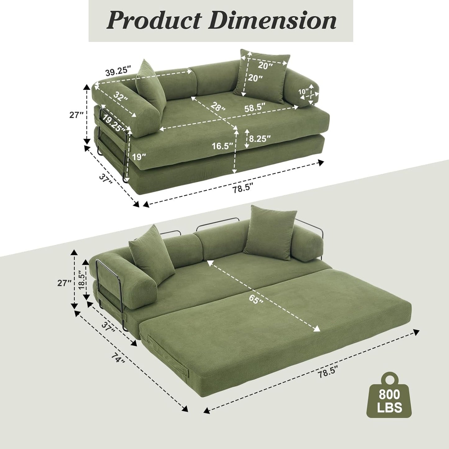 78.5 Inch Convertible Folding Sofa Bed with Versatility-2