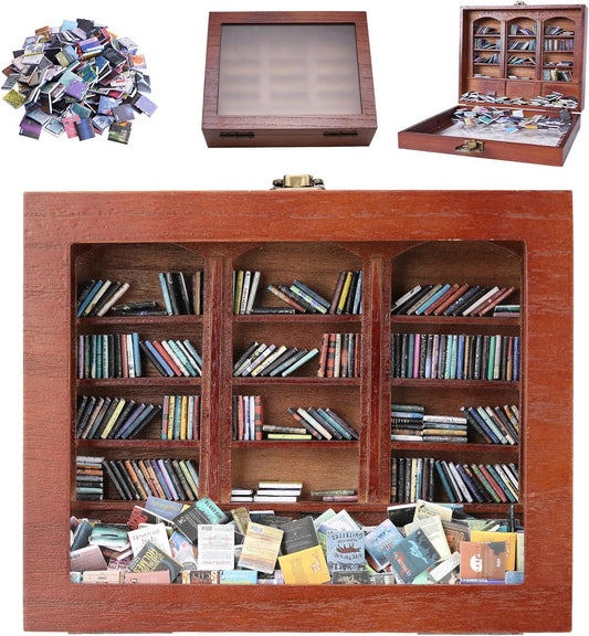 Anxiety Bookshelf Tiny Miniature Library Display Cabinet with Mini Books | Stress Relief and Creativity Decor - Mini Book Matchbox Shelf for Anxiety Relief-0