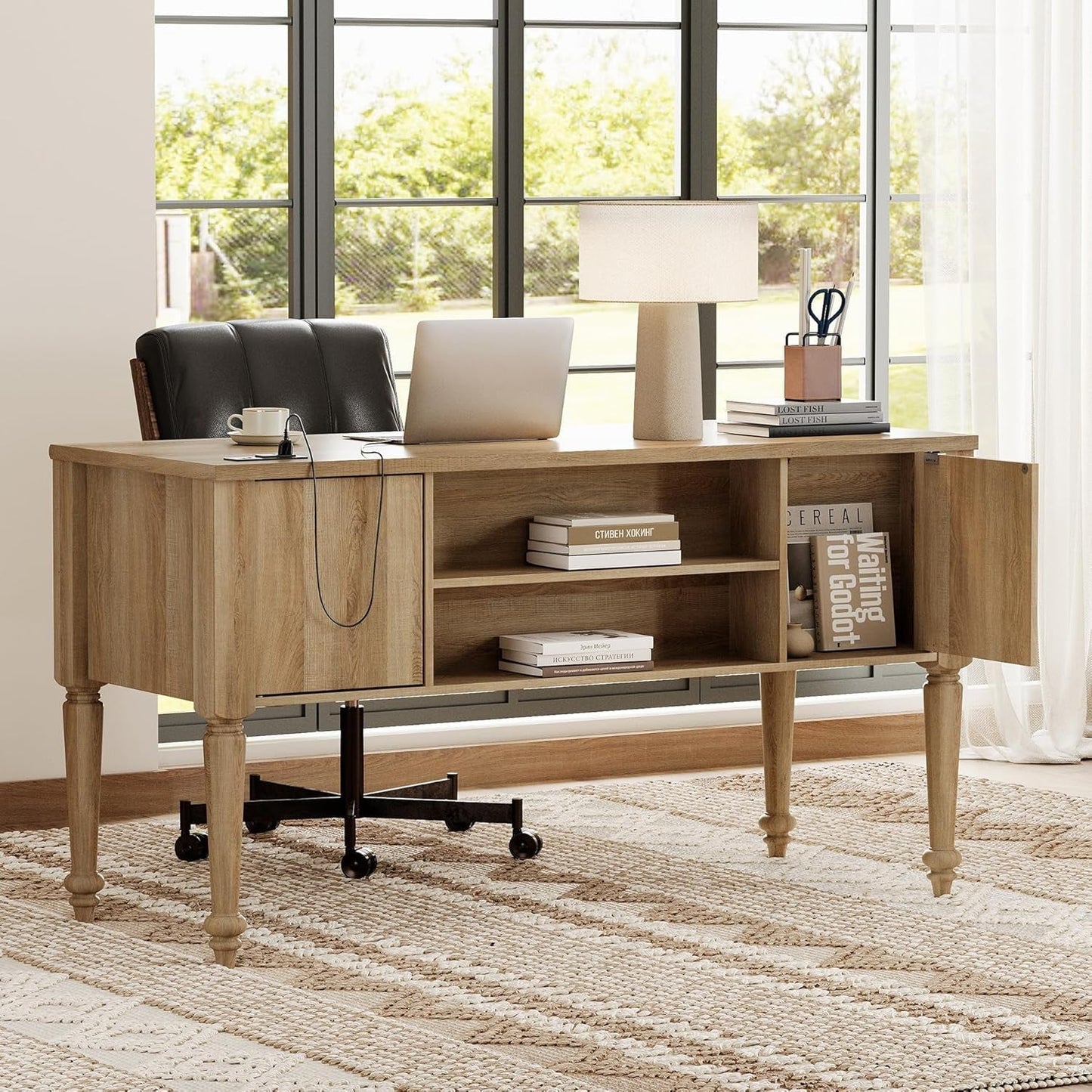 Farmhouse Executive Desk with Storage and Charging Station-4