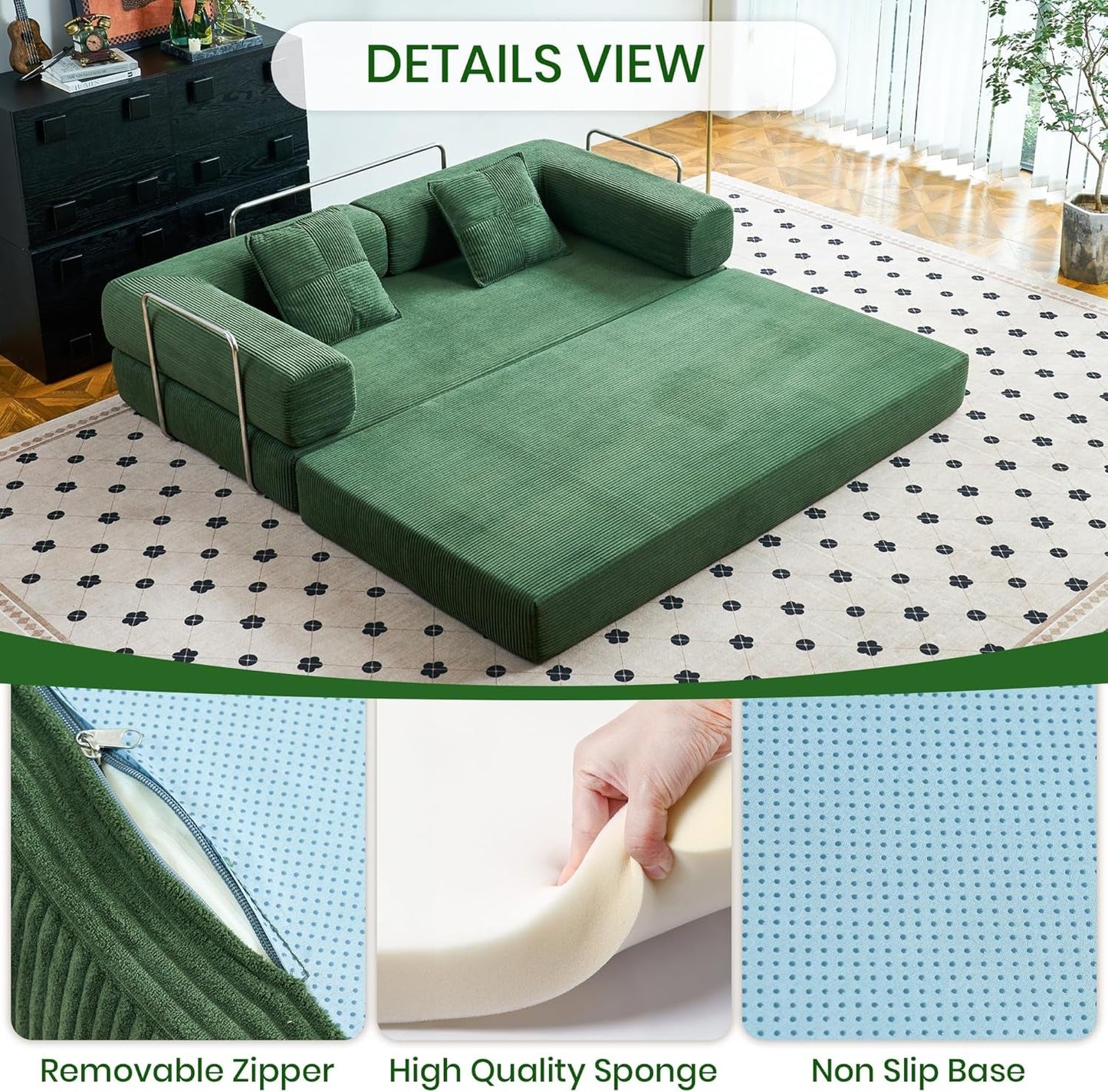 Convertible Floor Sofa Bed Comfy Corduroy Design Green-4