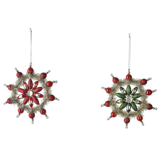 Vintage Style Glass & Tinsel Snowflake Ornaments Set of 6-0