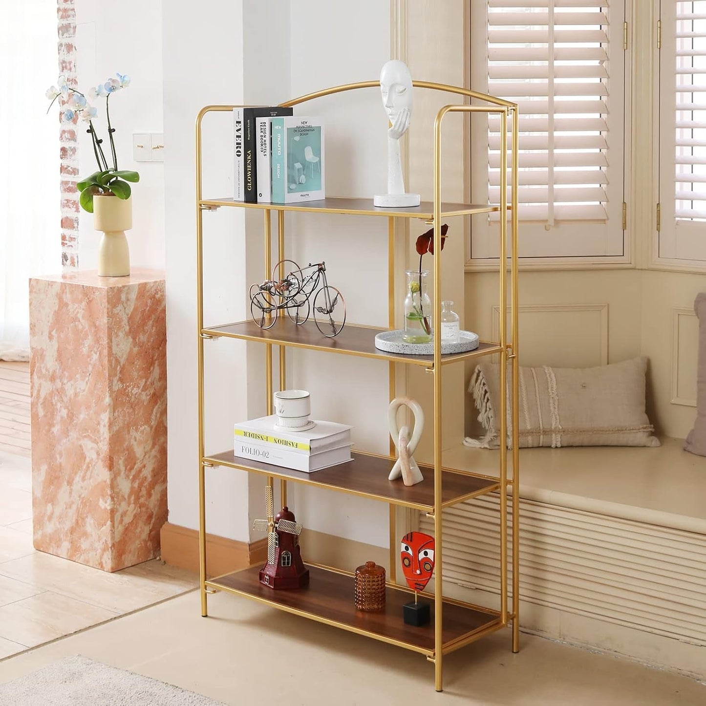 No Assembly Folding Bookshelf for Living Room, 4 Tier Gold Collapsible Book Shelf for Home Office, Portable Bookcase Storage Organizer-3