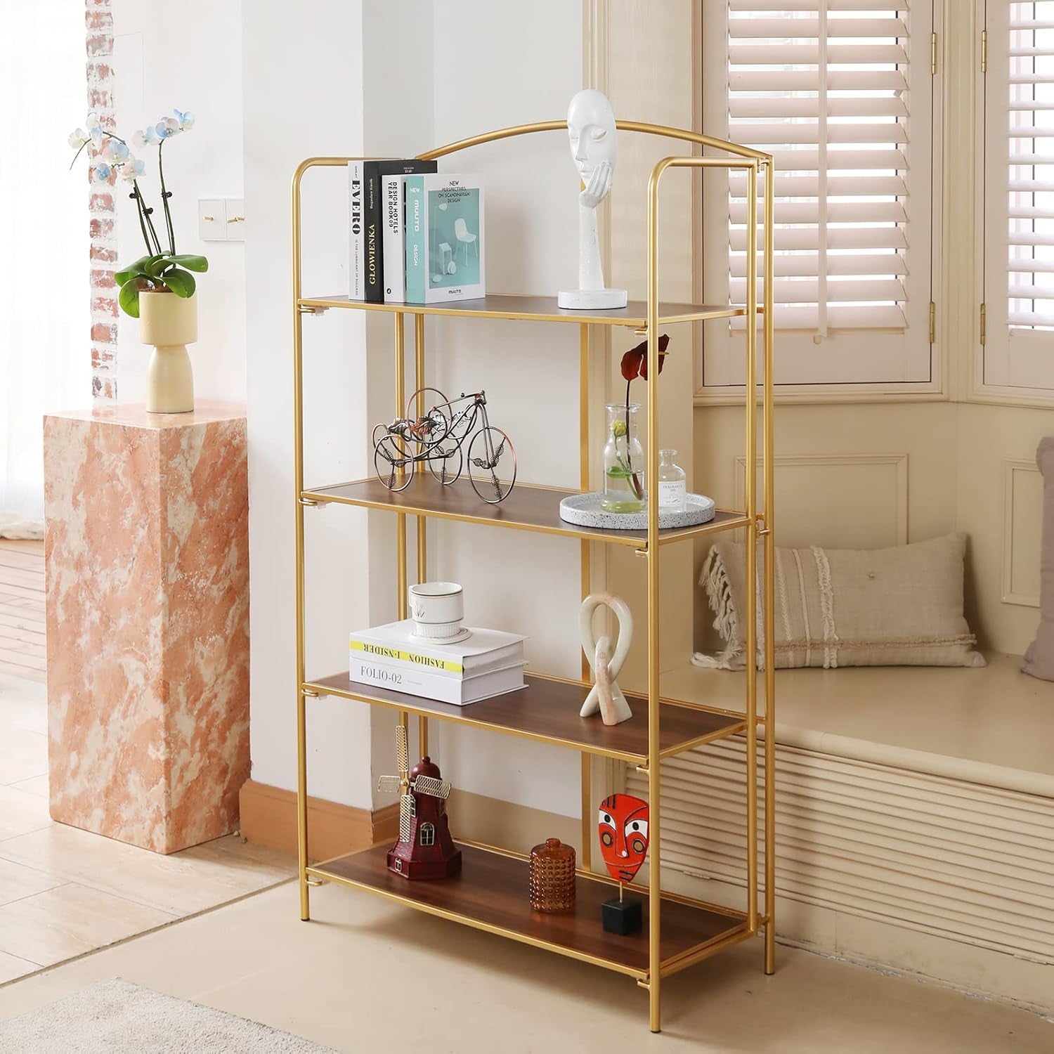 No Assembly Folding Bookshelf for Living Room, 4 Tier Gold Collapsible Book Shelf for Home Office, Portable Bookcase Storage Organizer-3