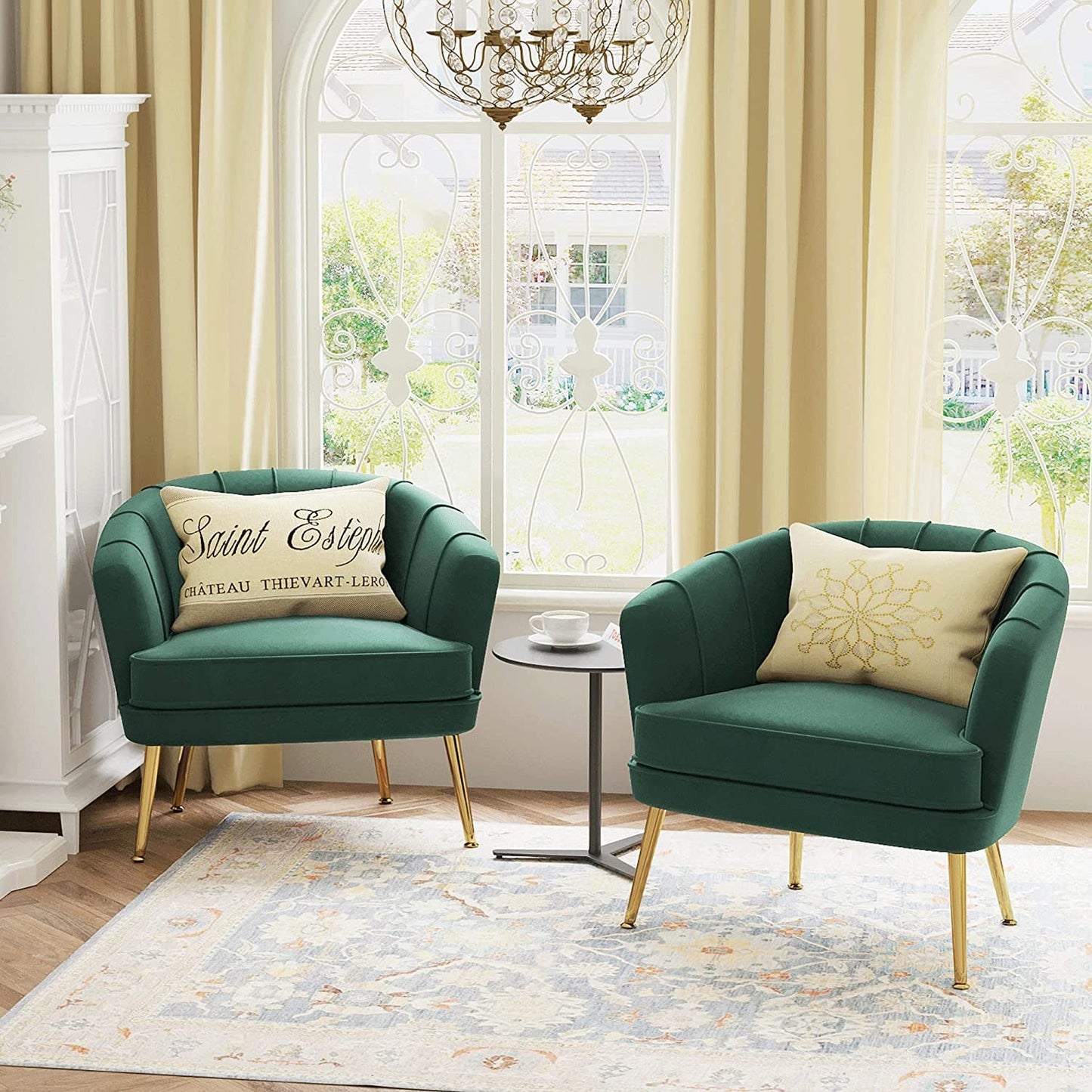 Green Velvet Accent Chair with Golden Legs-1