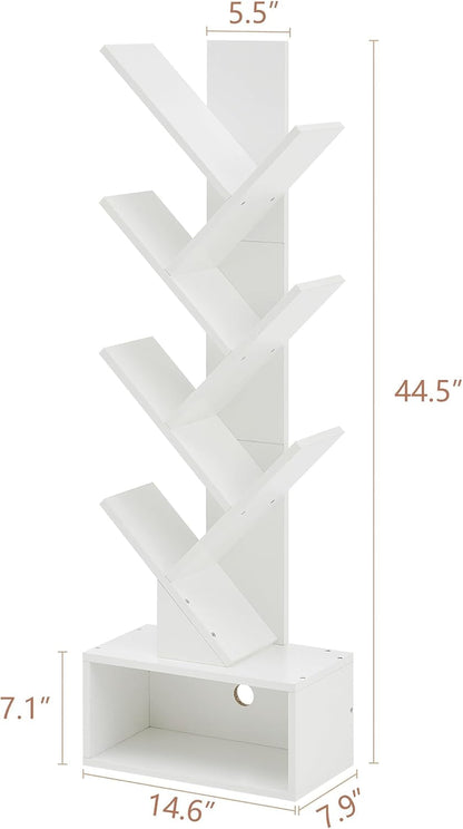 6 Tier Tree Bookshelf, Tall Bookcase with Drawer, Freestanding Book Shelf, Display Floor Standing Storage Shelf, Book Organizer Shelves for Home Office, Living Room, Bedroom, White-2