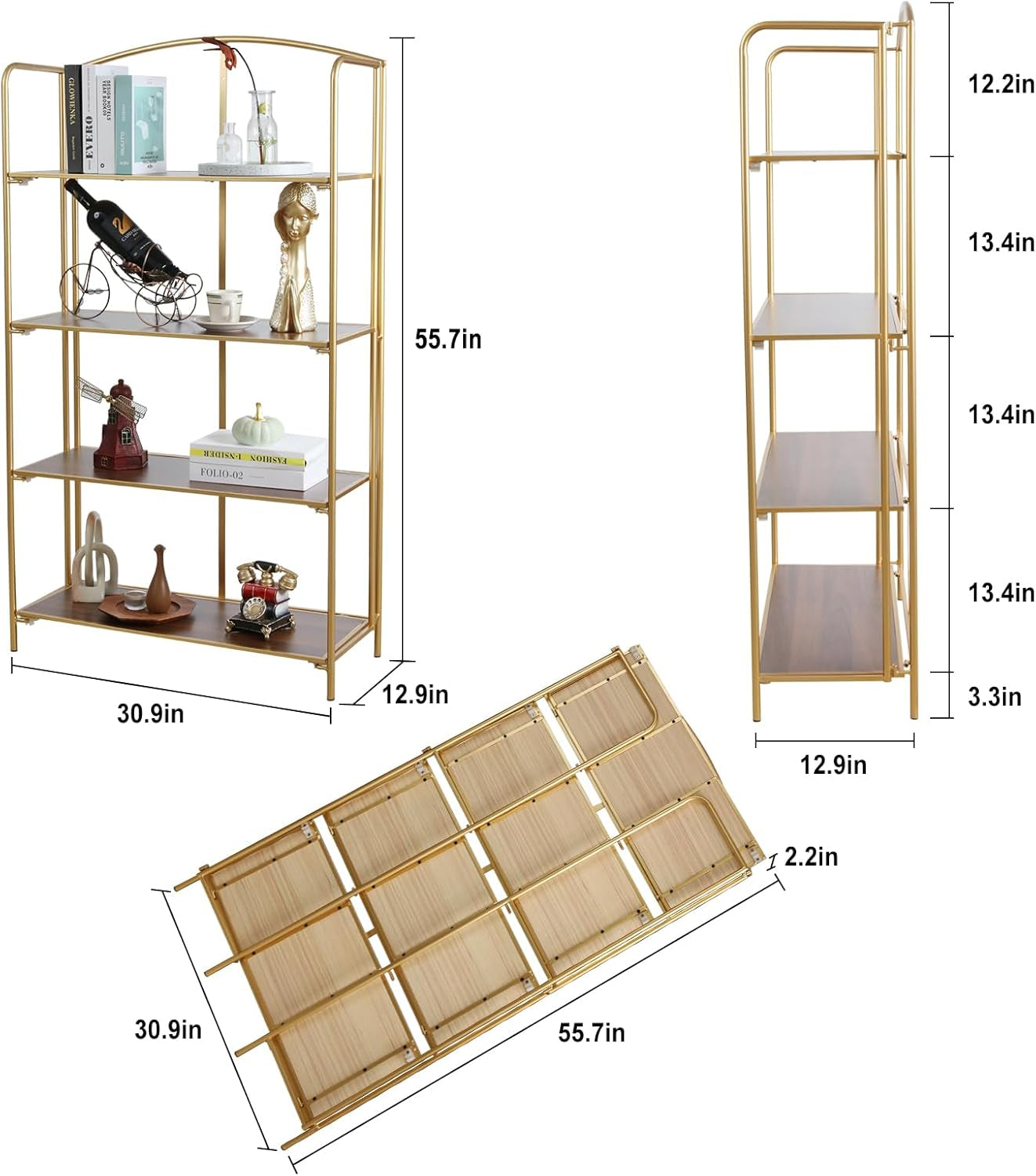 No Assembly Folding Bookshelf for Living Room, 4 Tier Gold Collapsible Book Shelf for Home Office, Portable Bookcase Storage Organizer-2
