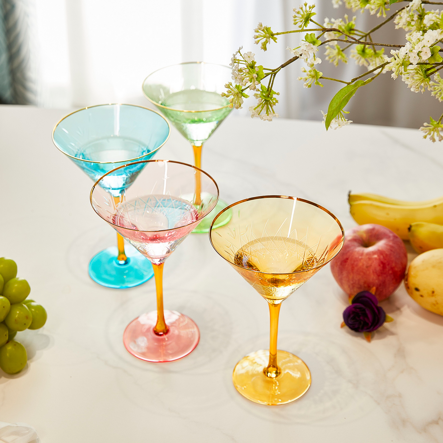 Crystal Martini Glasses Colored - Set of 4 - Stemmed Multi-Color Glass, Great for all Drink Types and Occasions - Luxury, Durable, Hand-Blown Vintage Art Deco Coupe for Champagne, Martini, Cocktails-3