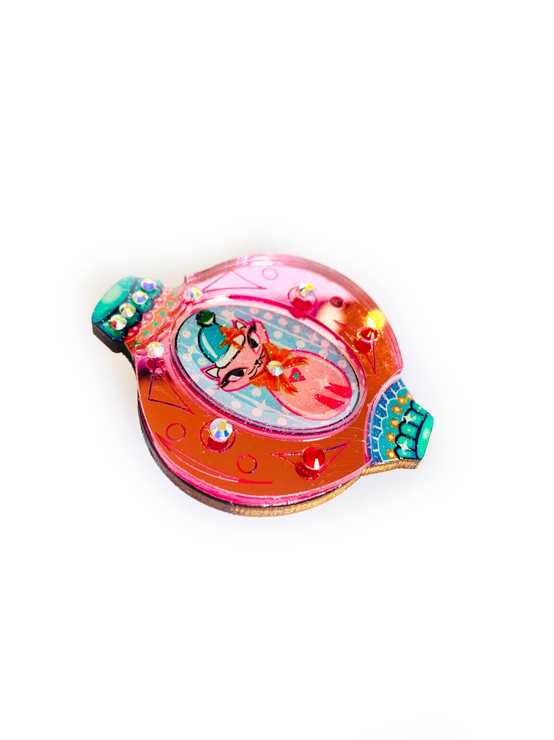 Retro Cat Christmas Bauble Brooch by Rosie Rose Parker-2