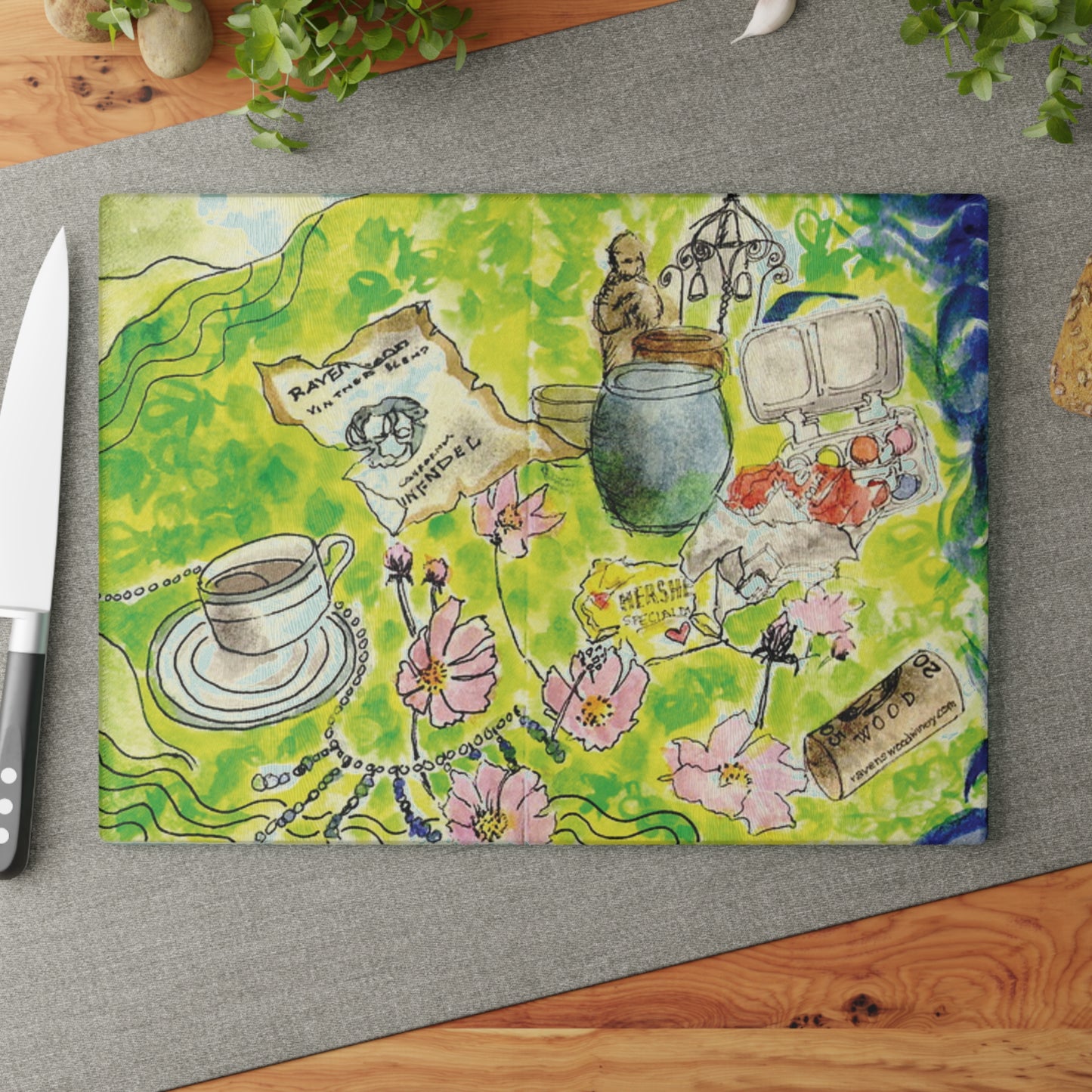Watercolor Dining Table Vignette Glass Cutting Board - Ideal for Food Preparation and Serving, Housewarmings, Birthdays - Vibrant Colors,