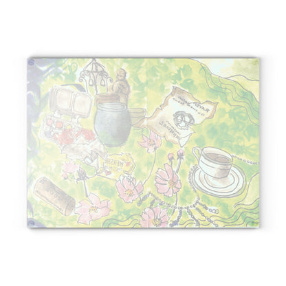 Watercolor Dining Table Vignette Glass Cutting Board - Ideal for Food Preparation and Serving, Housewarmings, Birthdays - Vibrant Colors,