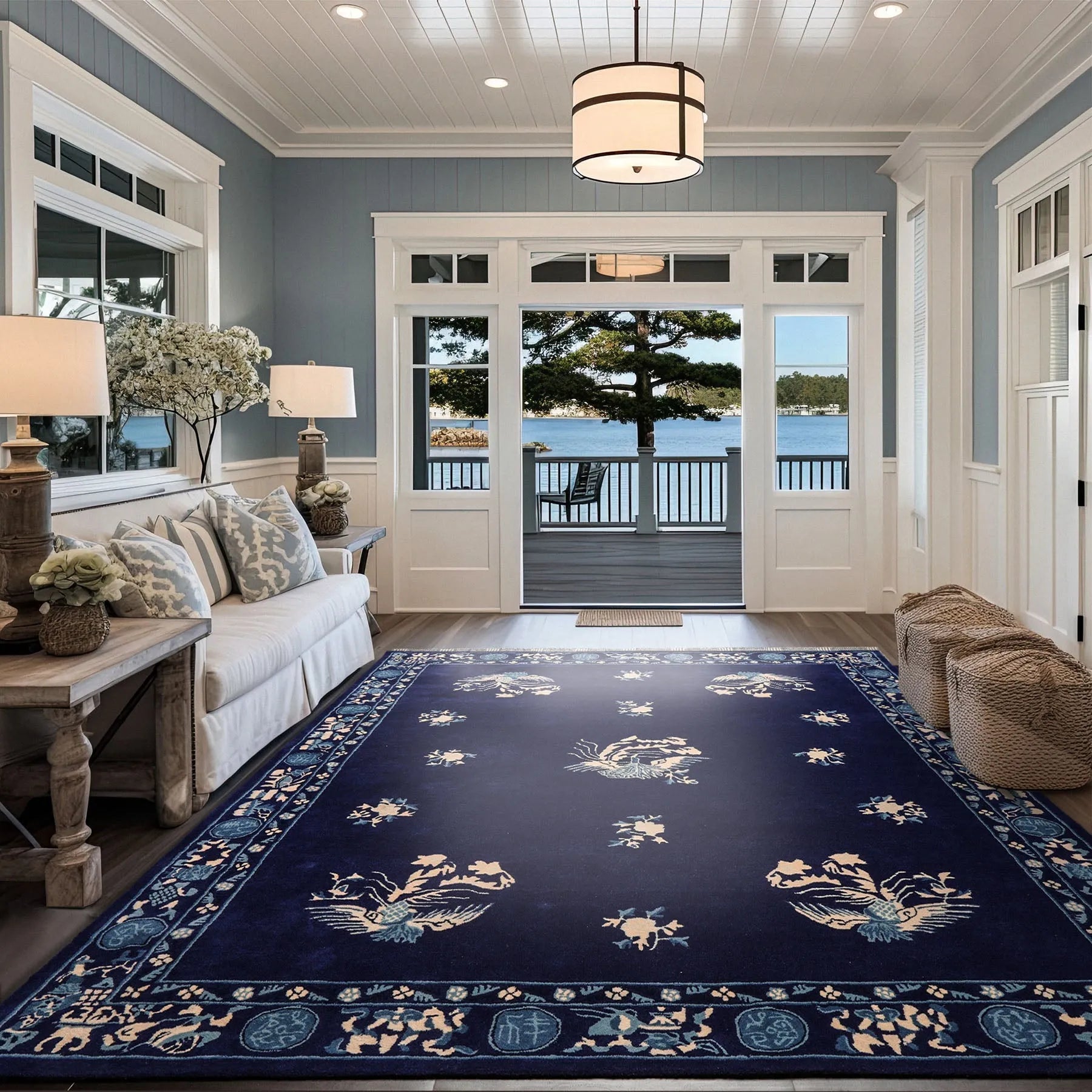LoomBloom Multi Sizes Navy Hand Tufted  Chinese Art Deco New Zealand Wool Oriental Area Rug-0