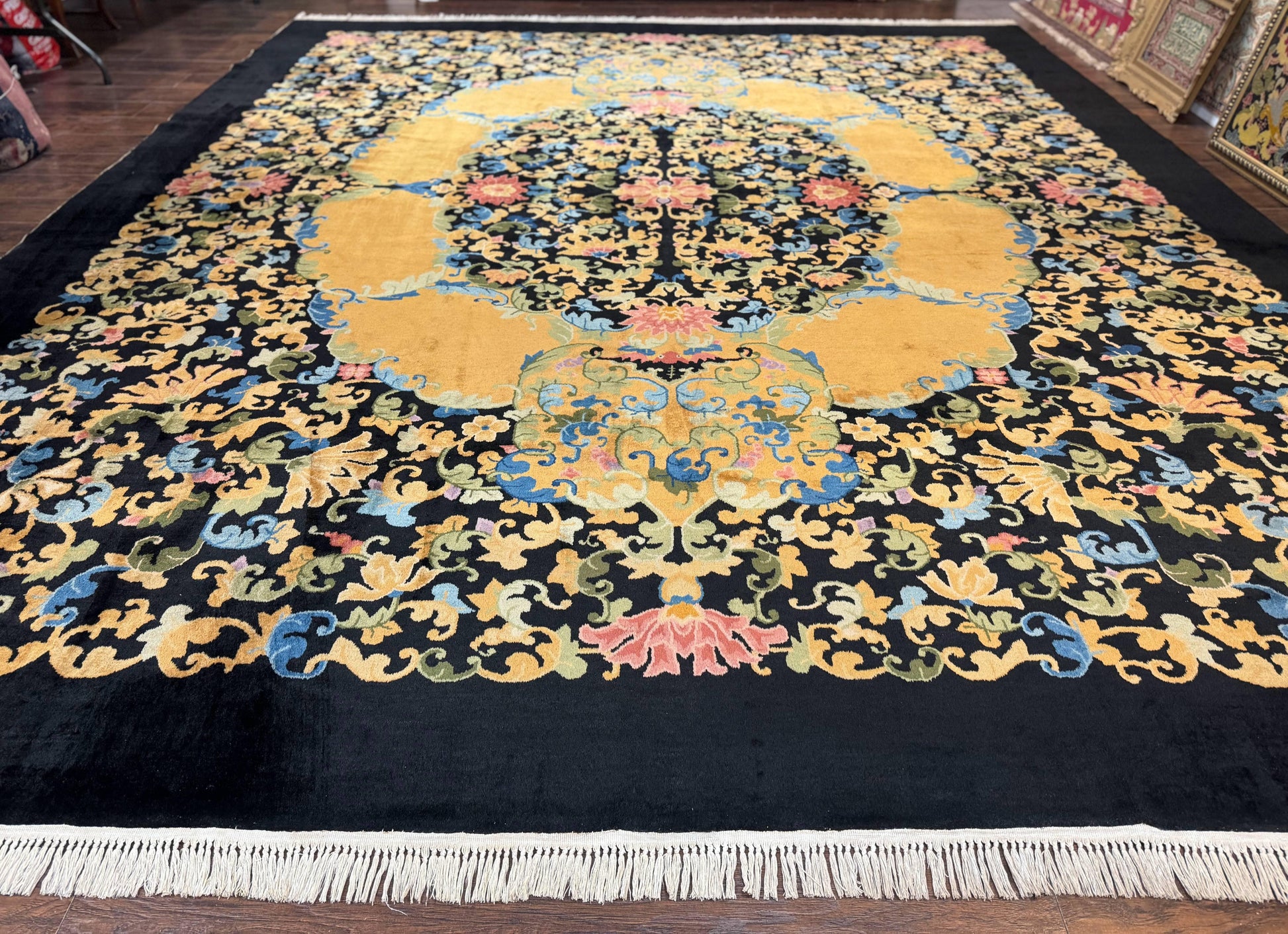 Antique Chinese Peking Rug 12.6 x 14.9, Palace Size Asian Oriental Carpet, Art Deco Rug, Rare-0