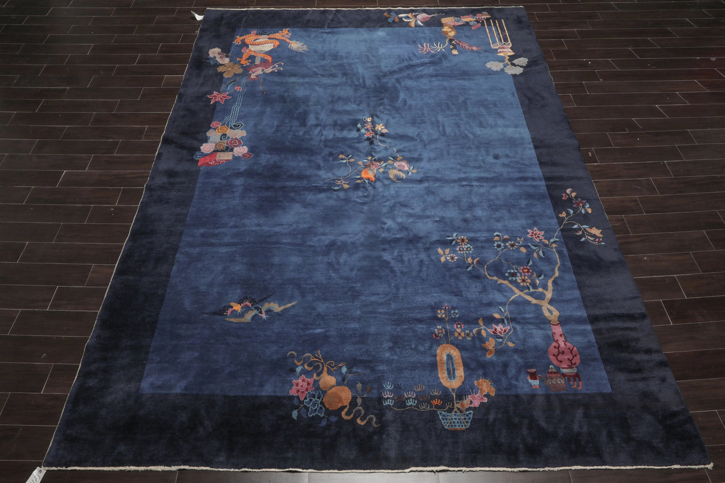 10x14 Royal Blue, Navy Hand Knotted Oriental 100% Wool Art Deco Peking Oriental Area Rug-2