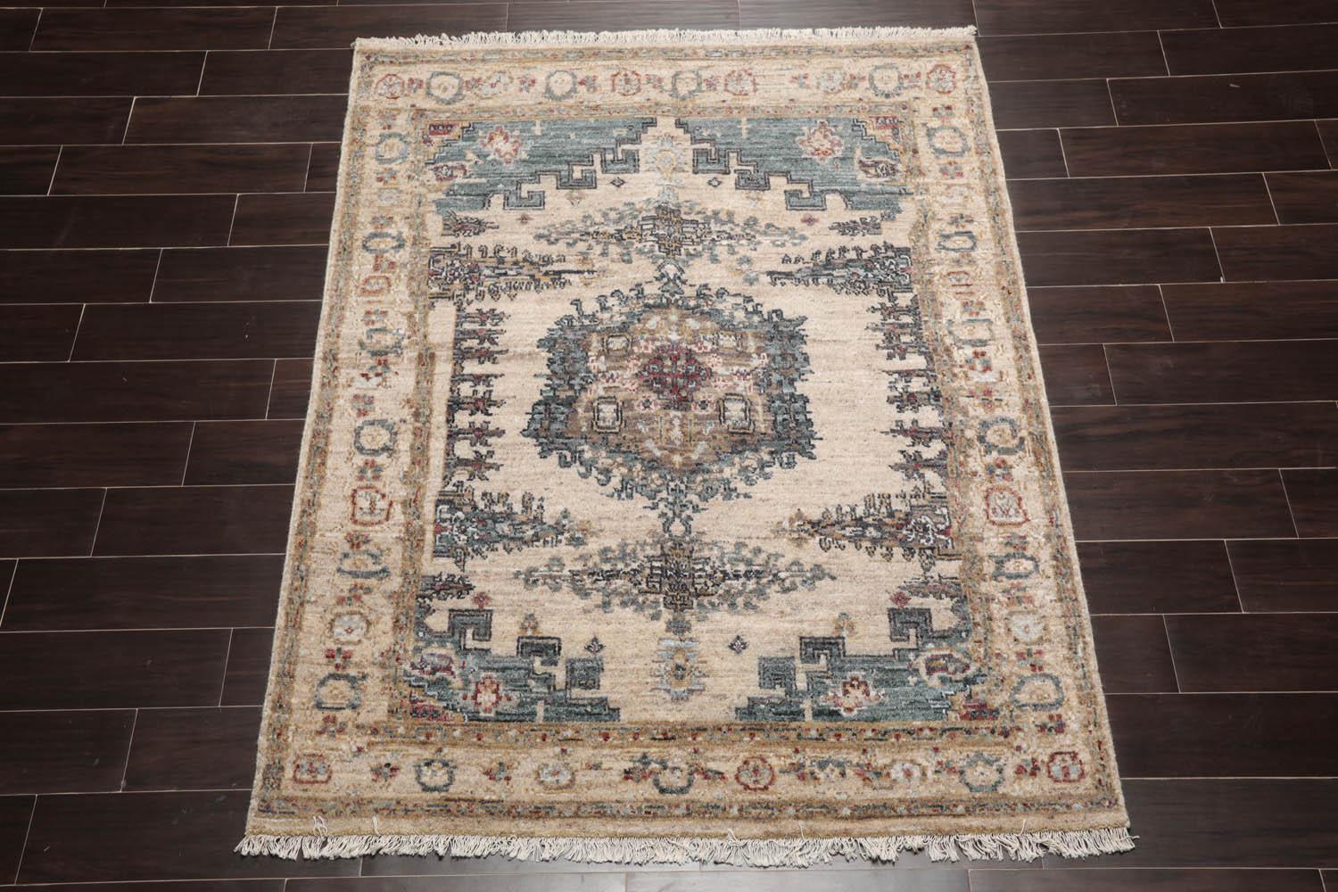 5'2"x6'1" Hand Knotted 100% Wool Muted Turkish Oushak Traditional Oriental Area Rug Beige, Blue Color-2
