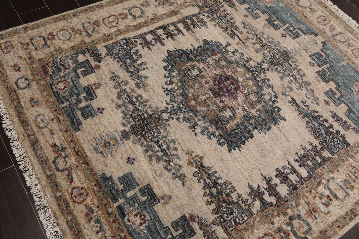 5'2"x6'1" Hand Knotted 100% Wool Muted Turkish Oushak Traditional Oriental Area Rug Beige, Blue Color-4