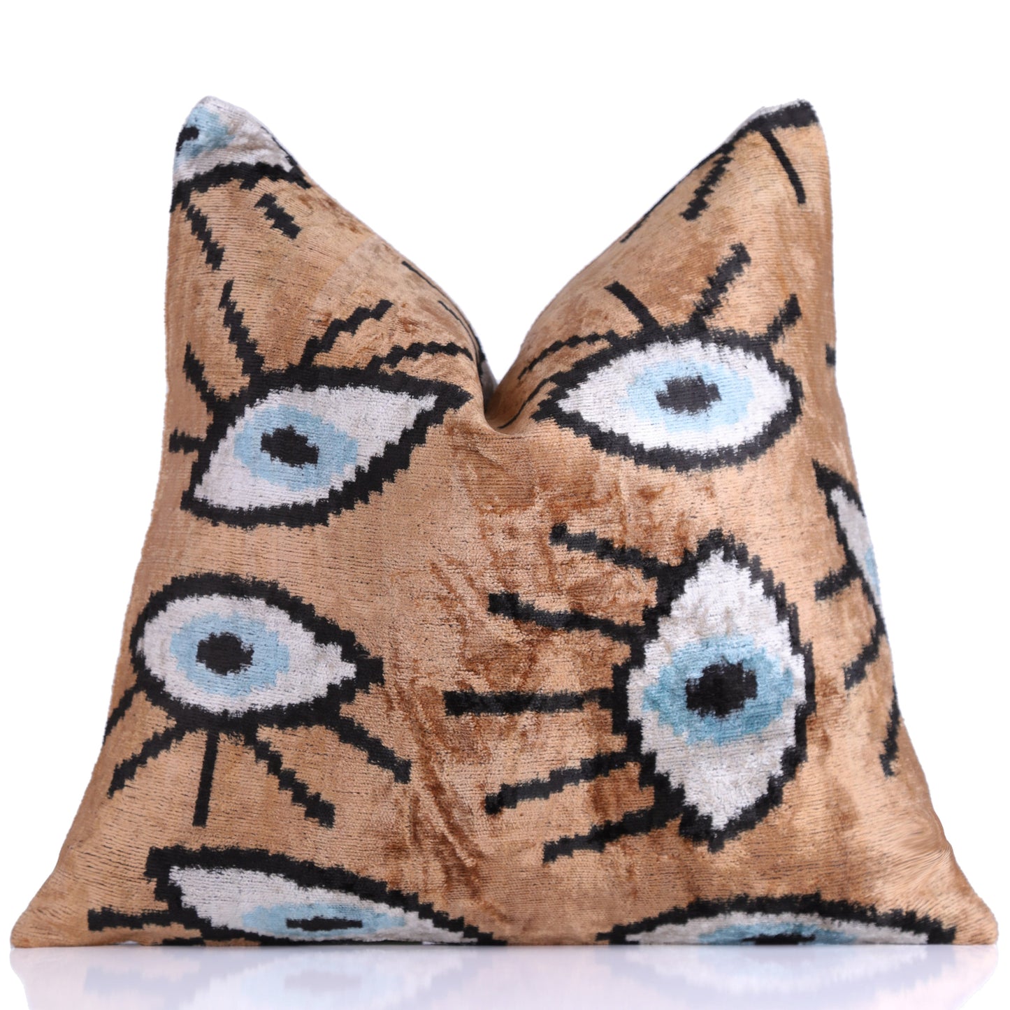 Handmade 16x16 Velvet Pillow – Evil Eye Pattern in Blue & Tan Brown-0