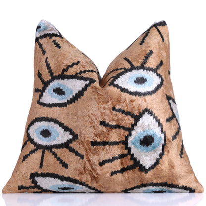 Handmade 16x16 Velvet Pillow – Evil Eye Pattern in Blue & Tan Brown-0