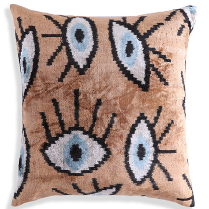 Handmade 16x16 Velvet Pillow – Evil Eye Pattern in Blue & Tan Brown-4