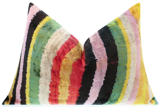 Handmade Multicolored Striped Silk Velvet Throw Pillow - 16x24, Luxury Cushion with Down Feather Insert-0