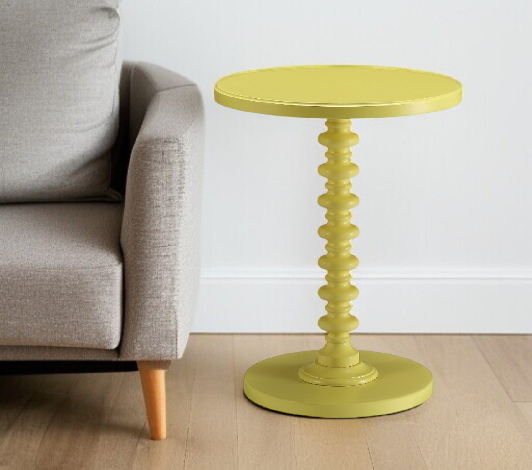 22" Yellow Wood Round Pedestal End Table-0