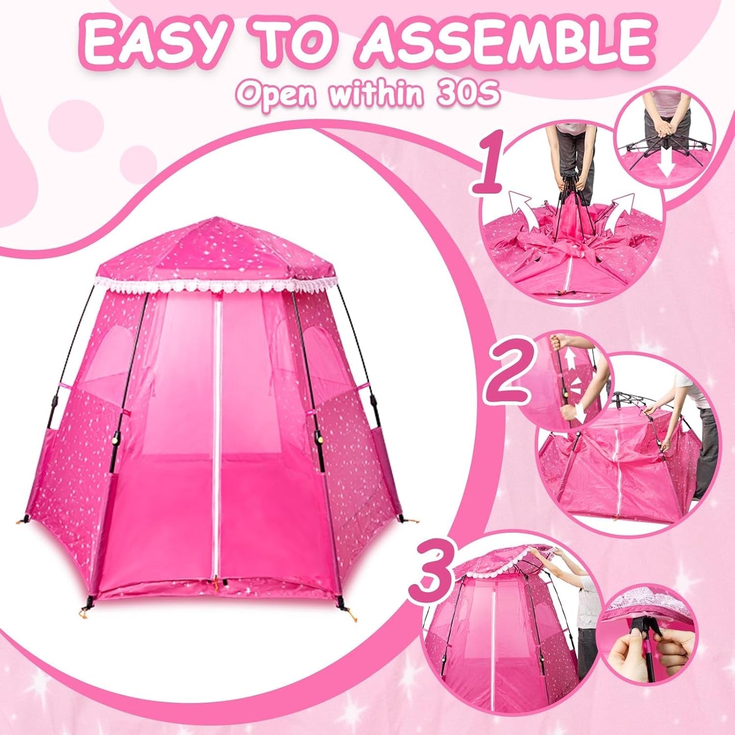 Kids Pop-Up Play Tent: 78"X66" Portable Baby Playpen Large Princess Castle Playhouse for Girls Indoor Outdoor - Toddler Play Yard with Canopy for Beach-3