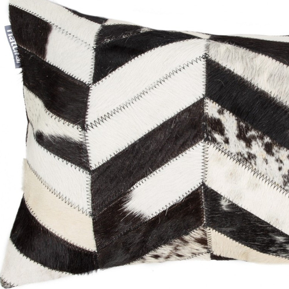 12" X 20" Black and Off White Chevron Cowhide Throw Pillow-4