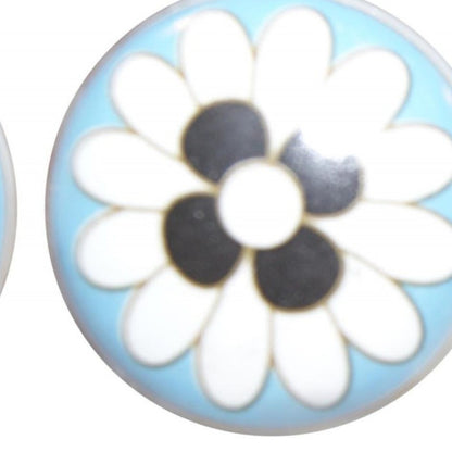 Set of Eight Blue White And Black Floral Ceramic Drawer Pull Knobs-3