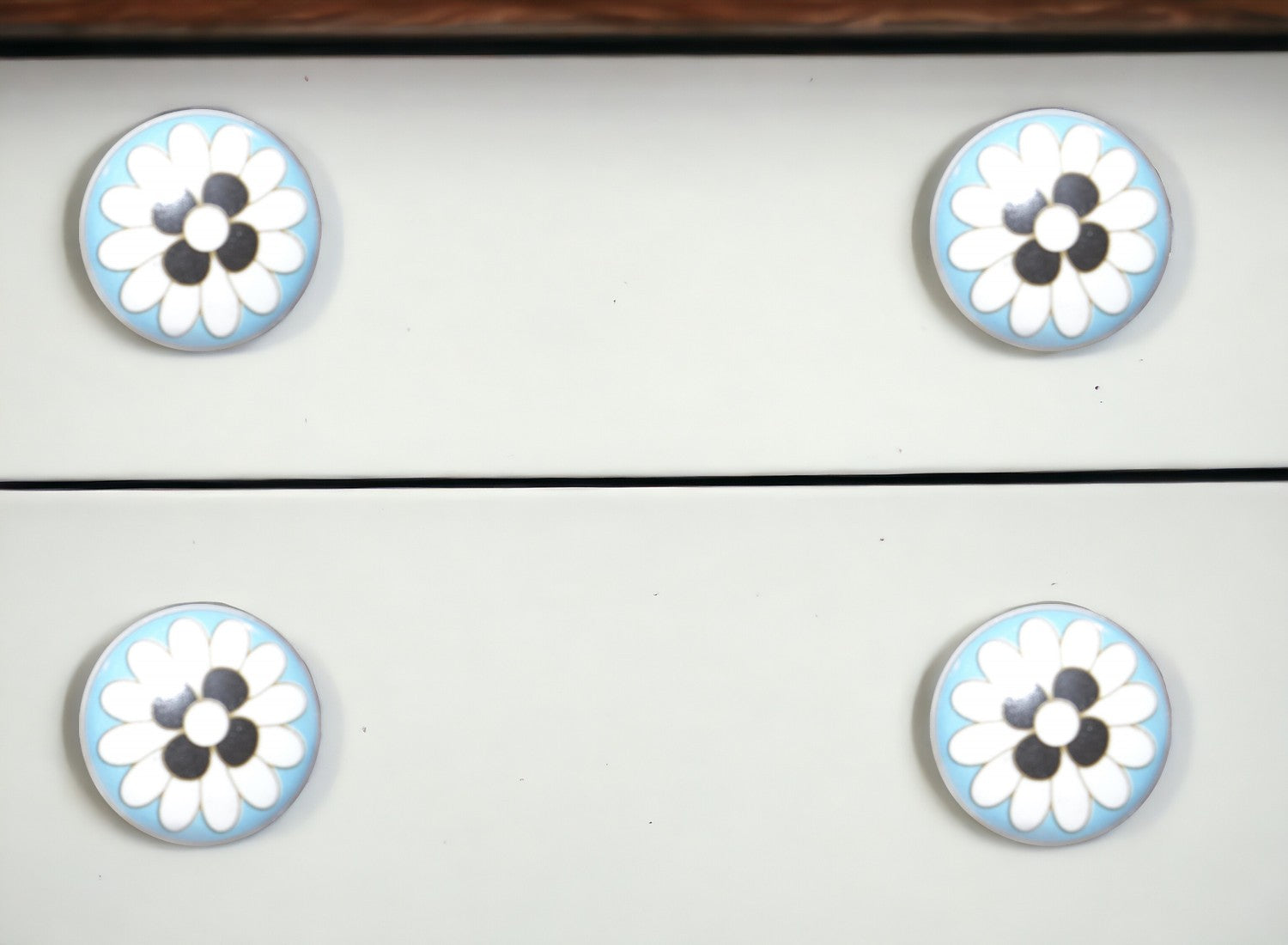 Set of Eight Blue White And Black Floral Ceramic Drawer Pull Knobs-0