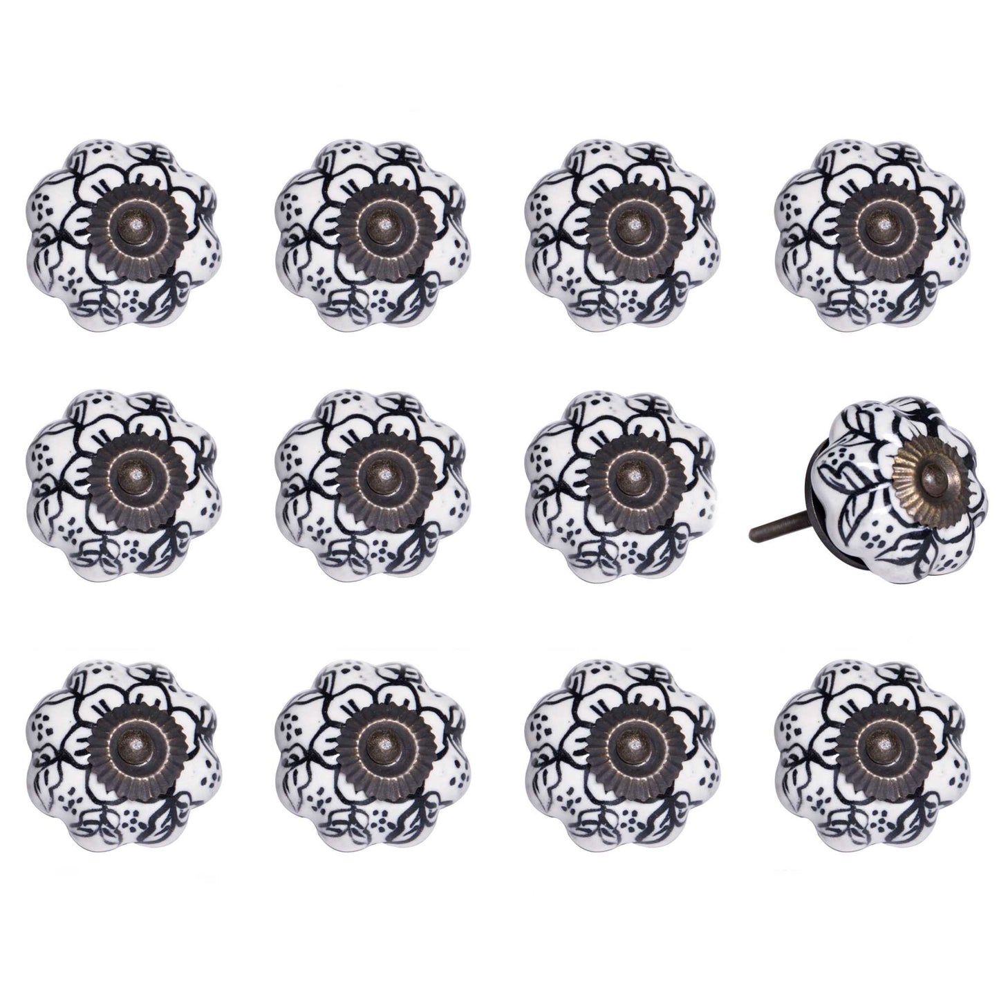 Set of Twelve Black And White Floral Ceramic Drawer Pull Knobs-2