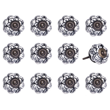 Set of Twelve Black And White Floral Ceramic Drawer Pull Knobs-2